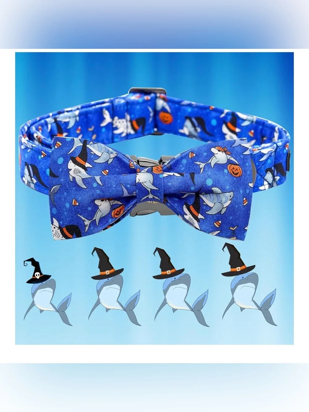 Halloween Dog Collar - Shark With Pumpkin Holiday Pet Bow Collar Size Small